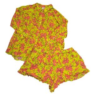 Tanya Taylor Swim 3X Colorful Floral Button Down Shirt Ruffle Shorts Set Coverup